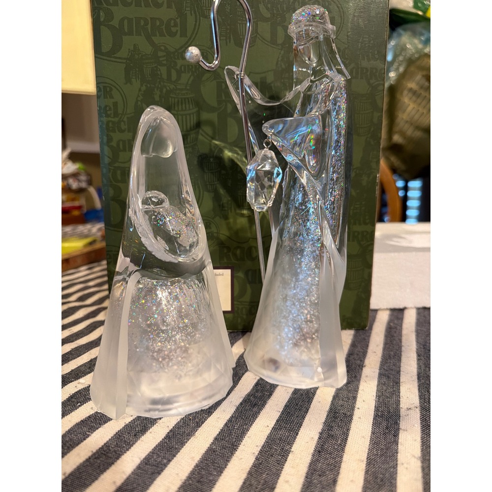 Cracker Barrel 2pc Lighted Nativity Set Color Changing Glitter Mary Joseph Jesus